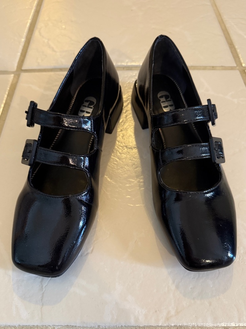 GB Black Patent Double-Strap Mary Jane Block Heels
